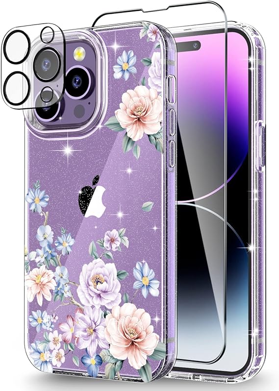 Photo 1 of OKP Case [3 in 1] for iPhone 14 Pro, with Screen Protector & Camera Lens Protector, Floral Slim Shockproof Cute Phone Case 6.1 inch 2022 Clear Glitter Protective Cover for Women Girl, (Peony/02)
