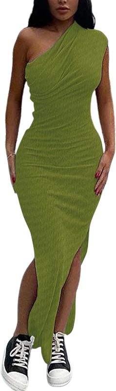 Photo 1 of Women's One Shoulder Dress Sexy Sleeveless Summer Ribbed Side Slit Cocktail Club Party Maxi Bodycon Dresses XL
