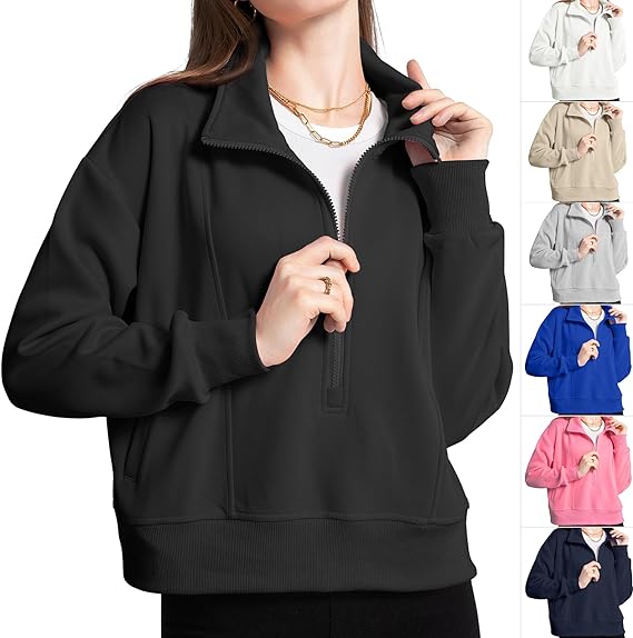 Photo 1 of magifairy Women Hoodies Sweatshirt Half Zip Cropped Hoodies Sweatshirt Pullover Long Sleeve with Pockets Fashion ME