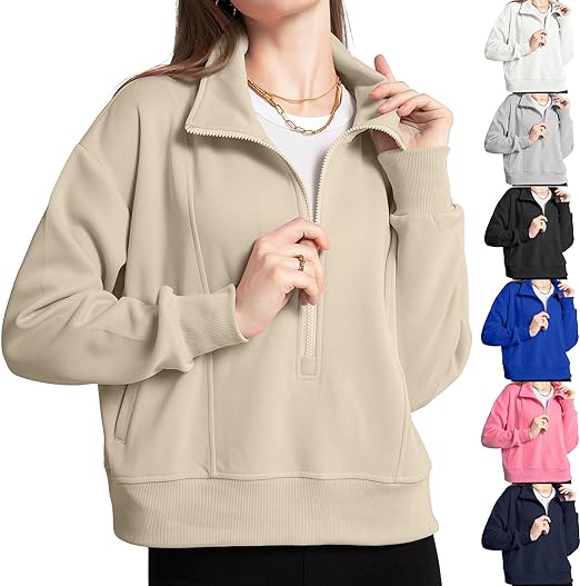 Photo 1 of Women Hoodies Sweatshirt Half Zip Cropped Hoodies Sweatshirt Pullover Long Sleeve with Pockets Fashion 2024 LARGE