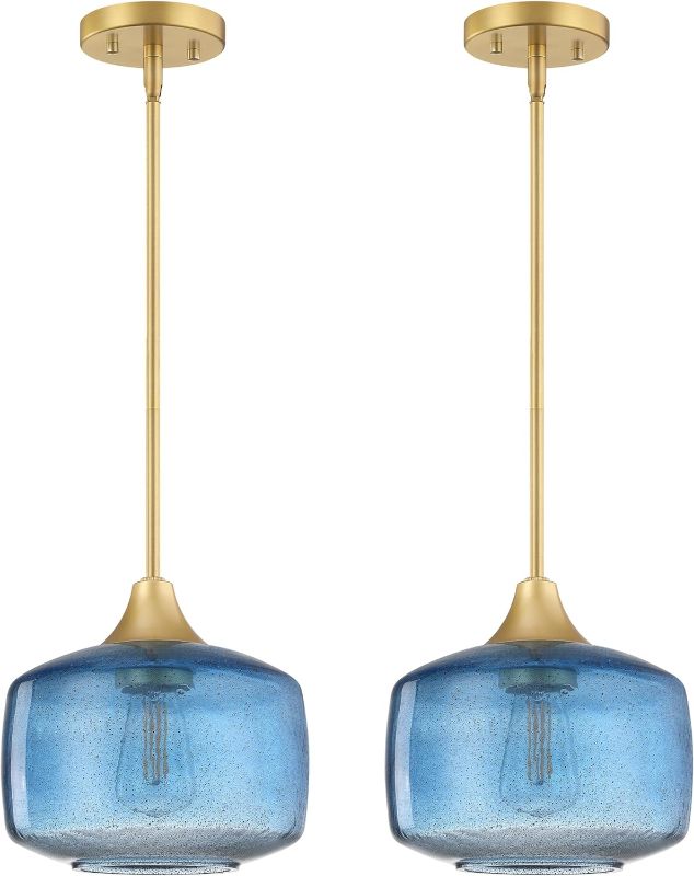 Photo 1 of 2 Pack 1 Light Hanging Indoor Kitchen Island Pendant Light,7.75" Ancient Blue Seeded Glass Fixture Brushed Bronze Finish Modern Farmhouse Dinning Over Sink Hallway
