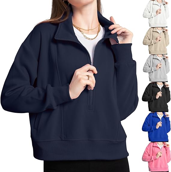 Photo 1 of Women Hoodies Sweatshirt Half Zip Cropped Hoodies Sweatshirt Pullover Long Sleeve with Pockets Fashion MED
