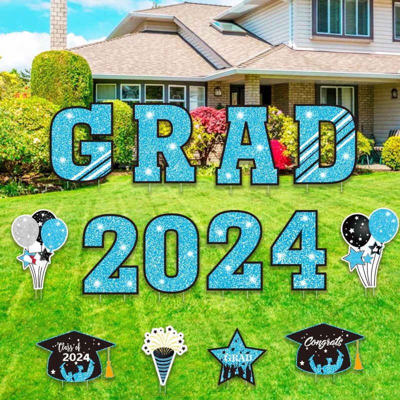 Photo 1 of Graduation Decorations Class of 2024,14 Pieces Congrats Grad Party Yard Signs With Stakes,Waterproof Graduation Lawn Outdoor Decoration for College, Grad, Class of 2024 black