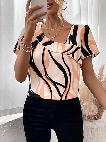 Photo 1 of Milumia Women's Graphic Print Asymmetrical Short Sleeve BlouseV Neck Casual Shirts Tops
xl