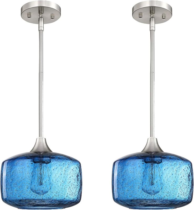 Photo 1 of 1 Light Hanging Indoor Kitchen Island Pendant Light 7.75" Ancient Seeded Glass Pendant Ceiling Light Fixtures Modern Farmhouse Dinning Over Sink Hallway (Blue Glass, 2 Pack)
