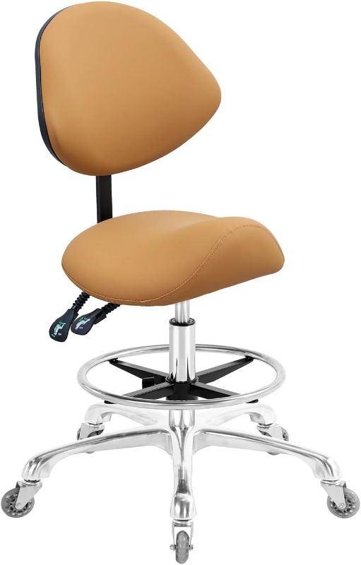 Photo 1 of Saddle Stool Chair with Back Support Footrest, Heavy-Duty(350LBS), Hydraulic Rolling Swivel Adjustable Stool Chair for Salon Spa Beauty Massage Dental Clinic Home Office Use(Camel)
