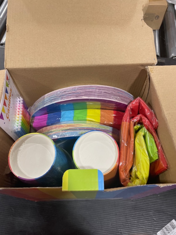 Photo 2 of Serves 30 Complete Party Pack Rainbow Party Supplies 9" Dinner Paper Plates 7" Dessert Paper Plates 9 oz Cups 3 Ply Napkins 2 Table Cover Rainbow Party Supplies Rainbow Party Theme