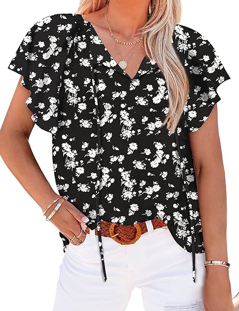 Photo 1 of SHEWIN Womens Casual V Neck Boho Floral Blouses Ruffle Short Sleeve Shirts Pleated Flowy Tunic Tops L