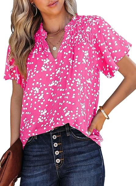 Photo 1 of SHEWIN Womens Casual V Neck Boho Floral Blouses Ruffle Short Sleeve Shirts Pleated Flowy Tunic Tops 2XL