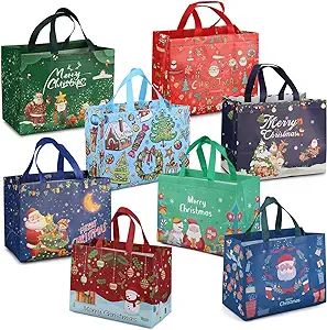 Photo 1 of PARSUP 8PCS Christmas Gift Bags,Christmas Tote Bags with Handles, Christmas Treat Bags, Multifunctional Non-Woven Christmas Bags for Gifts Wrapping Shopping, Xmas Party Supplies, 12.8"×9.8"×6.7" Vintage Christmas 8 Colors