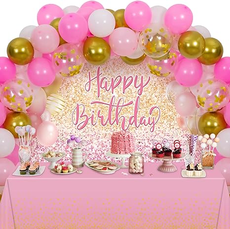 Photo 1 of Pink White Gold Balloons Garland Kit with Happy Birthday Banner,Pink Gold Tablecloth for Princess Birthday Party Baby Shower Decorations