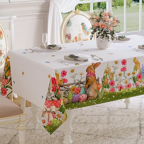 Photo 1 of Softalker Spring Rectangle Tablecloth, Flower Bunny Stain Resistant Wrinkle Free Table Covers for Spring Summer Dinner Picnic Holiday Party Indoor Outdoor Decor - 52 x 70 Inch, White