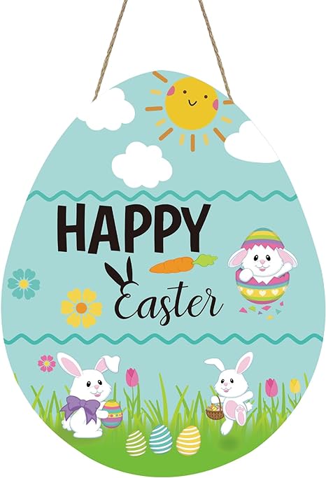 Photo 1 of Easter Decorations Easter Wreaths for Front Door Easter Cartoon Style Egg Decor Easter Door Decorations Wooden Happy Easter Door Hanger for Porch Wall Bedroom Home Decor