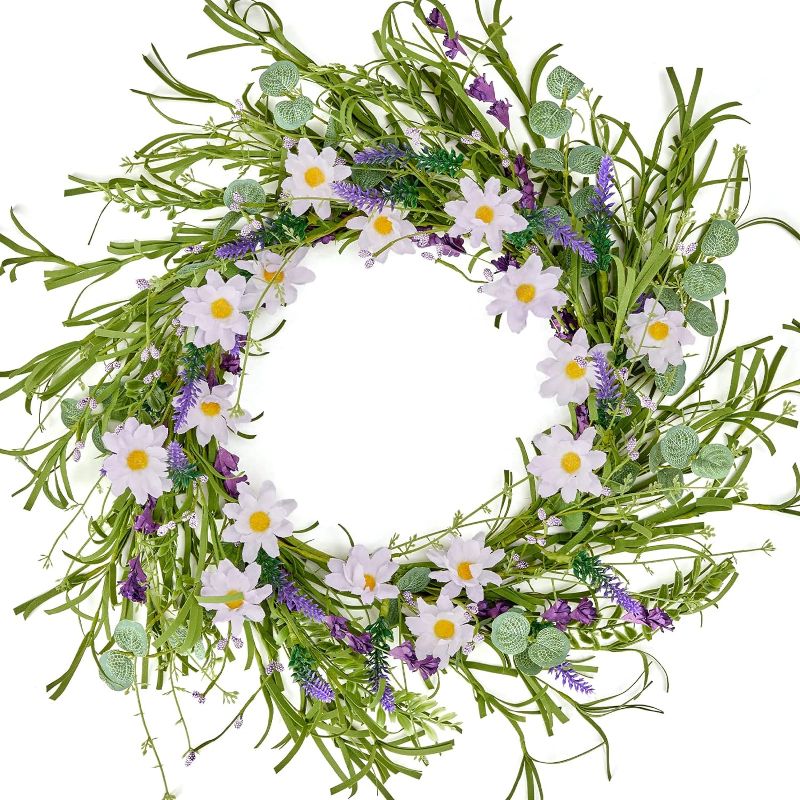 Photo 1 of WELL KNOWN 20 Inch Artificial Daisy Wreath Spring Wreath Front Door Wreath Purple Elegant Lavender Floral Wreath Spring and Summer Wreaths for Home Outside Indoor Wall Window Wedding 