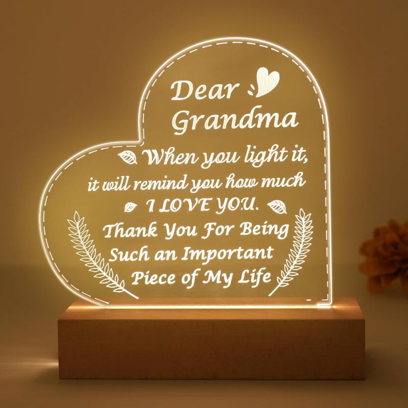 Photo 1 of Reclite Acrylic Night Light Gifts for Grandma from Granddaughter Grandson-Engraved Night Light with Wood Base,15 * 15CM Presents Mothers Day Birthday Gifts, 