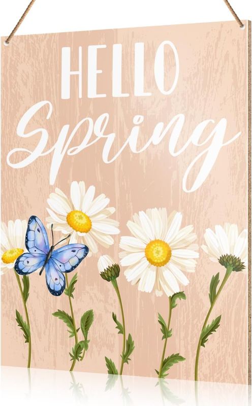 Photo 1 of UDNADKEX Hello Spring Wall Decor, Spring Welcome Door Sign Home Patio Office Decorations Spring Daisy Butterfly Wooden Hanging Sign Wall Decor 