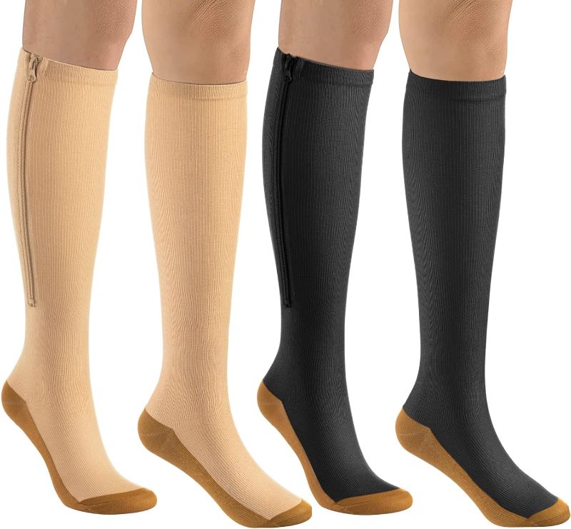 Photo 1 of bropite Zipper Compression Socks Women & Men - 2Pairs Calf Knee High 15-20mmHg Closed Toe Compression Stocking 