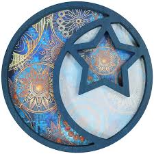 Photo 1 of Chris.W Eid Mubarak Tray Ramadan Decoration Wooden Round Shape Tray Moon Star Tray Rustic Wood Craft Ornament Ramadan Platters Table Decor for Islam Muslim Al-Fitr Iftar Party (Blue)