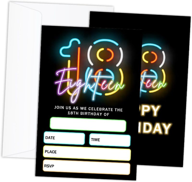 Photo 1 of ESAMP 18th Birthday Party Invitations cards for Boys or Girls, Teen Rainbow Birthday Party Supplies Decorations, Neon Light Rainbow Birthday Invitations Cards with Envelopes Set of 20 -(034) 