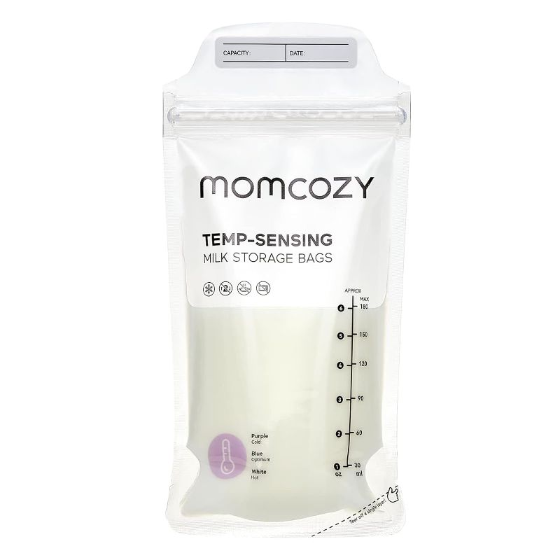 Photo 1 of Momcozy Breastmilk Storing Bags, Temp-Sensing Discoloration Milk Storing Bags for Breastfeeding, Disposable Milk Storage Bag with 6 Ounce Self Standing, No-Leak Milk Freezer Storage Pouches, 120pcs