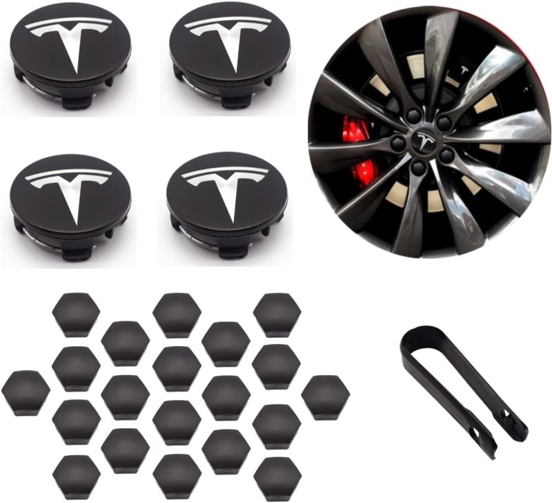 Photo 1 of Wheel Center Caps, Wheel Hub Caps Center Cover Compatible with Tesla Model 3/Y, Model S/X, with 4 Matte Black Hub Center Caps + 20 Black Lug Nut Covers + 1 Pack Wrench (Only Suitable for 19 in Wheel)