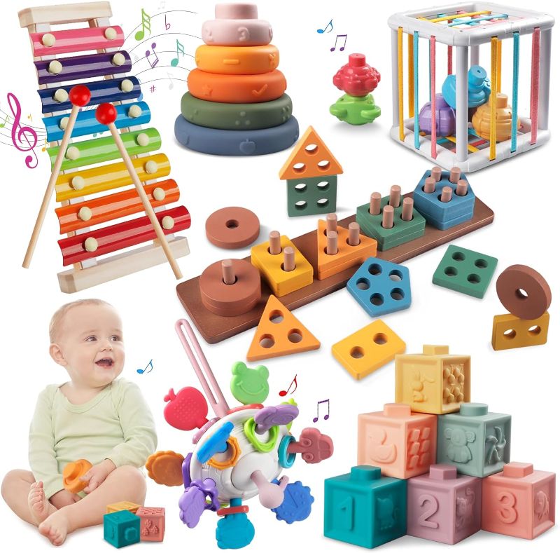Photo 1 of Montessori Baby Toys for 1+ Year Old - Sorting Stacking Learning Toys 6 to 12 Months, Wooden Building Blocks, Xylophone Musical, Infant Teethers Toys for Babies, 6 in 1 Toy Gifts for Toddlers