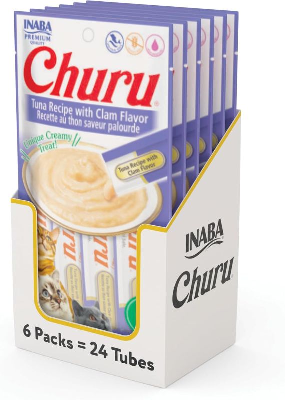 Photo 1 of INABA Churu Cat Treats, Grain-Free, Lickable, Squeezable Creamy Purée Cat Treat/Topper with Vitamin E & Taurine, 0.5 Ounces Each Tube, 24 Tubes (4 per Pack), Tuna Recipe with Clam Flavor 
