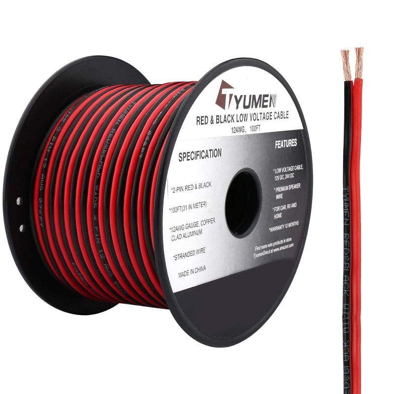 Photo 1 of TYUMEN 100FT 12/2 Gauge 2pin 2 Color Red Black Cable Hookup Electrical Wire LED Strips Extension Wire 12V/24V DC Cable, 12AWG Flexible Wire Extension Cord for LED Ribbon Lamp Tape Lighting 