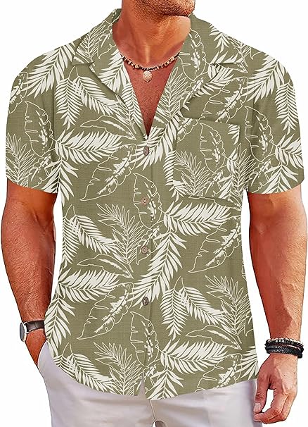 Photo 1 of Blissshow Men's Cotton Linen Short Sleeve Button Down Shirts Casual Summer Top Vacation Hawaiian Beach Outfits SIZE SMALL