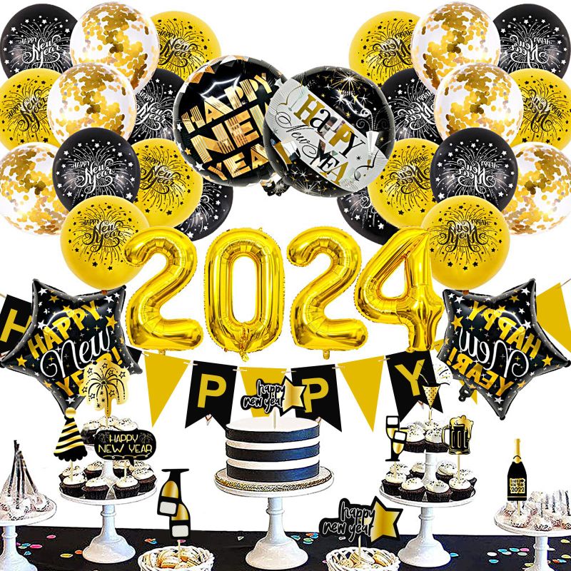 Photo 1 of 2 pack New Years Eve Party Supplies Set, Happy New Year Garland Banner Flag 2024 Aluminum Foil Balloon Cake Toppers for Happy New Year's Eve Party Decorations