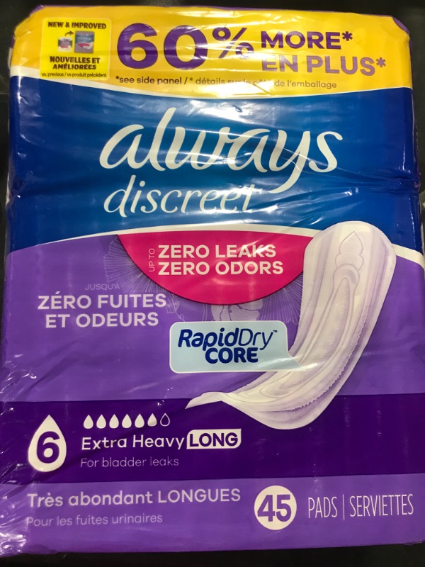 Photo 1 of Always Discreet Incontinence Pads for Women Extra Heavy Long 45ct 