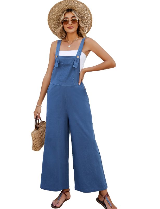 Photo 1 of Flygo Women's Cotton Linen Bib Overalls Loose Fit Wide Leg Jumpsuits Straps Baggy Rompers Summer Casual XX-Large Blue