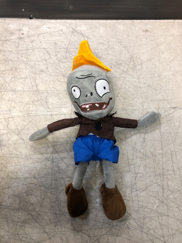 Photo 2 of JHESAO  PVZ Plush Conehead Zombies Brown Coat Toys PVZ Stuffed Soft Doll Roadblock Conehead Zombie New
