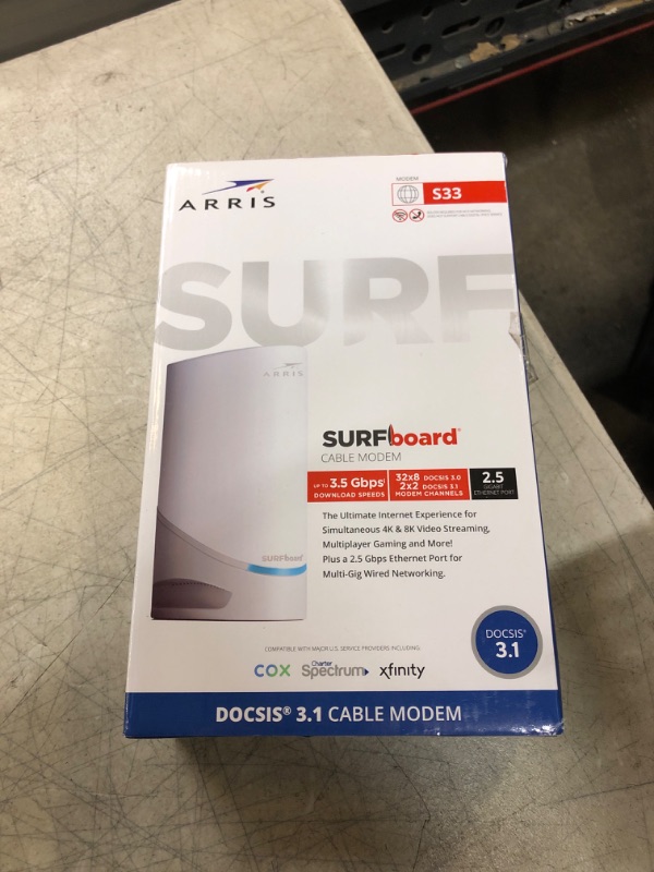 Photo 2 of ARRIS Surfboard S33 DOCSIS 3.1 Multi-Gigabit Cable Modem | Approved for Comcast Xfinity, Cox, Spectrum & More | 1 & 2.5 Gbps Ports | 2.5 Gbps Max Internet Speeds | 4 OFDM Channels | 2 Year Warranty DOCSIS 3.1 Modem Only Router System (USED,UNABLE TO TEST)