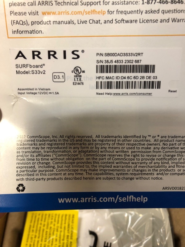 Photo 3 of ARRIS Surfboard S33 DOCSIS 3.1 Multi-Gigabit Cable Modem | Approved for Comcast Xfinity, Cox, Spectrum & More | 1 & 2.5 Gbps Ports | 2.5 Gbps Max Internet Speeds | 4 OFDM Channels | 2 Year Warranty DOCSIS 3.1 Modem Only Router System (USED,UNABLE TO TEST)