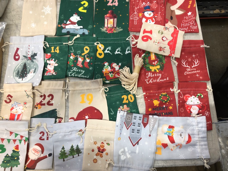 Photo 1 of 24 Pieces Christmas Advent Calendar Bags+10 Meters Cotton Rope+24 Wood Clips-Reusable DIY Christmas Advent Calendar Bags Set-for Children Party Decoration Gift-24 Days Countdown Calendar