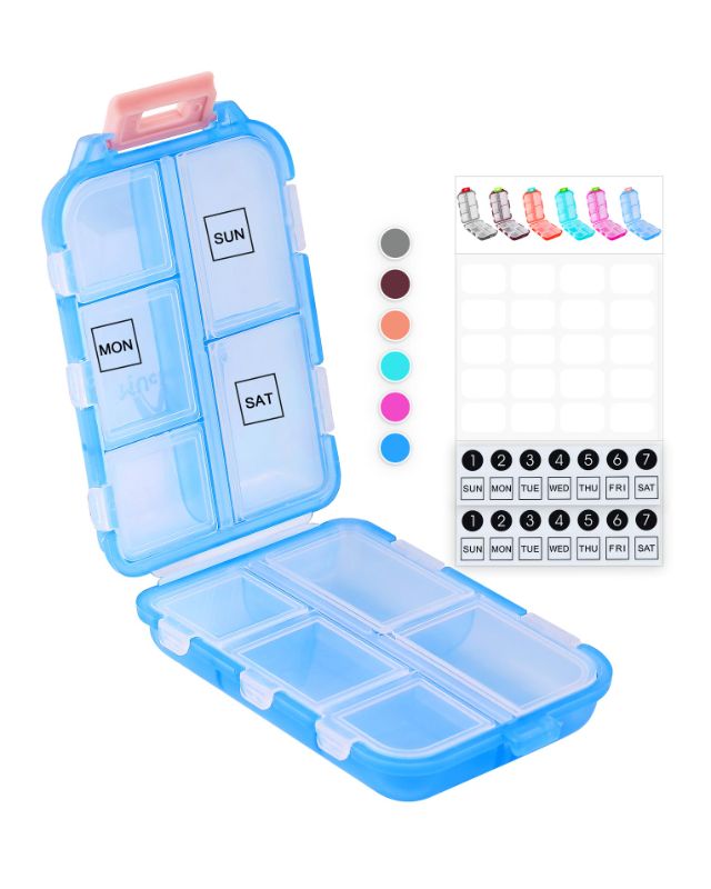 Photo 1 of 1 Pack Travel Pill Organizer Pocket Pharmacy ?10 Compartments Small Fold Pill Box BPA-Free Daily Pill Container Travel Pill Case with Lock Pill Holder Medicine Organizer for Store Vitamin Etc (Blue) 3 PACK 