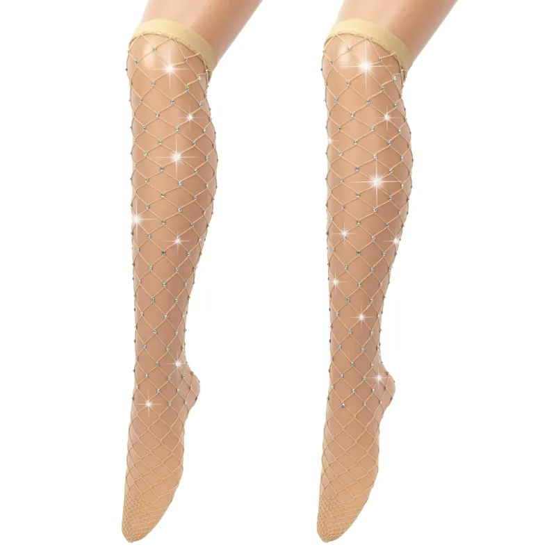 Photo 1 of 1 x Brand New SIMYJOY Pack of 2 Thigh High Fishnet Stockings Sexy Stockings Sparkle Rhinestome Thigh High for Women Skin - RRP €27.6
