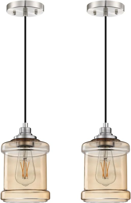 Photo 1 of 2 Pack 1 Light Indoor Hanging Kitchen Island Pendant Light 5.3" Ancient Amber Glass Shade Pendant Lighting Fixtures Brushed Nickel Finish Modern Farmhouse Dinning Over Sink
