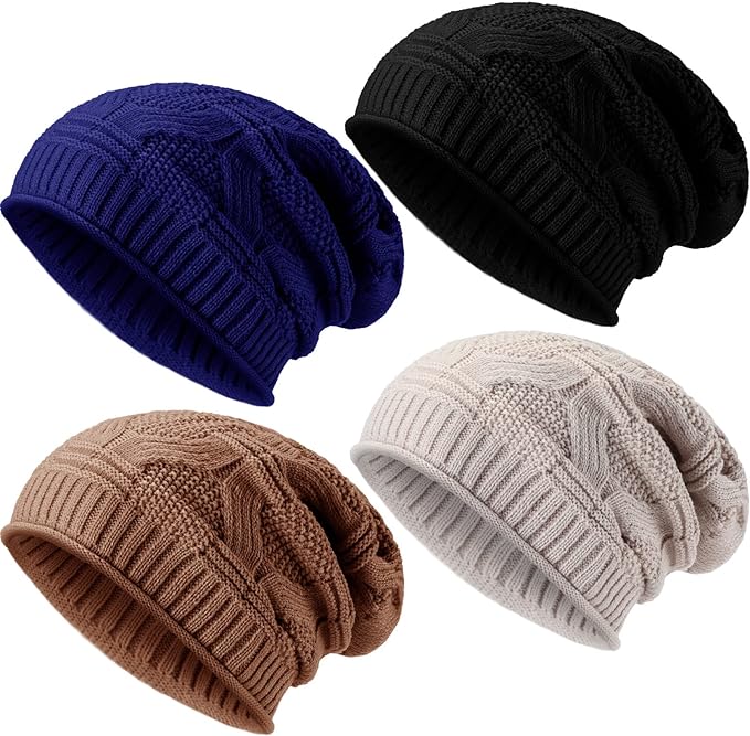 Photo 1 of 4 Pieces Knit Slouchy Beanie Hat for Women Men Oversized Soft Warm Winter Beanie Hat Chunky Stretch Cable Knit Beanie
