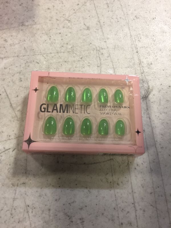 Photo 2 of Glamnetic Press On Nails - Electric | Short Oval, Bright Green Nails with a Mesmerizing Metallic Finish | 15 Sizes - 30 Nail Kit with Glue