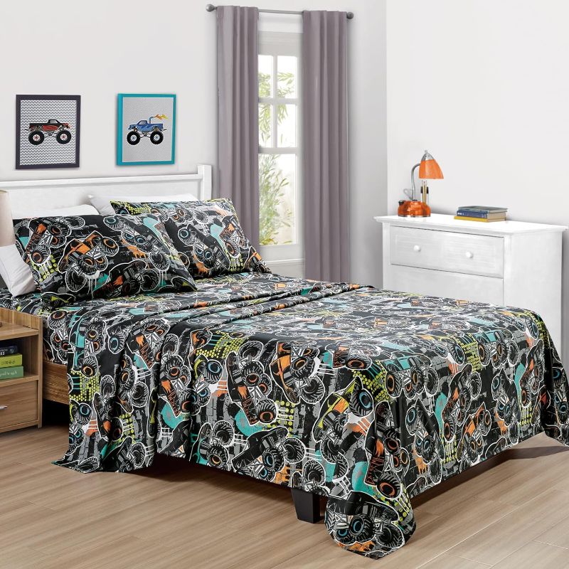 Photo 1 of Chezmoi Collection 4-Piece Kids/Teens Monster Trucks Sheet Set - Soft Microfiber Multi-Color Printed Monster Truck Racing Fun Kids Sheets, Full Size
