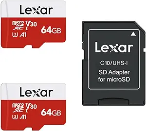 Photo 1 of Lexar 64GB Micro SD Card 2 Pack, microSDXC UHS-I Flash Memory Card with Adapter - Up to 100MB/s, U3, Class10, V30, A1, High Speed TF Card (2 microSD Cards + 1 Adapter)
