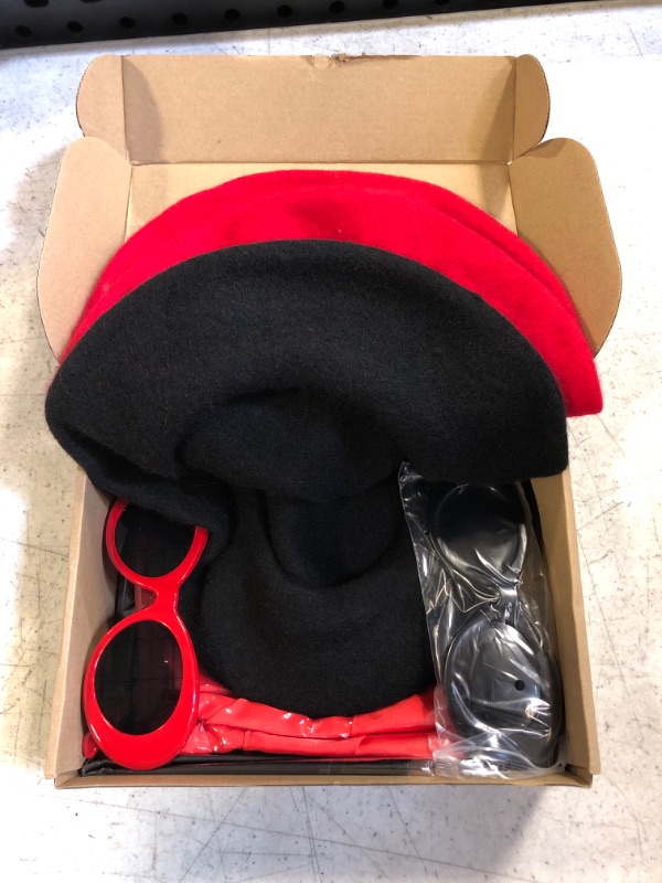 Photo 1 of 6 Pieces Women Men French Themed Party Couple Costume Accessories Set French Beret Hat Retro Oval Sunglasses and Silk Square Neck Scarf