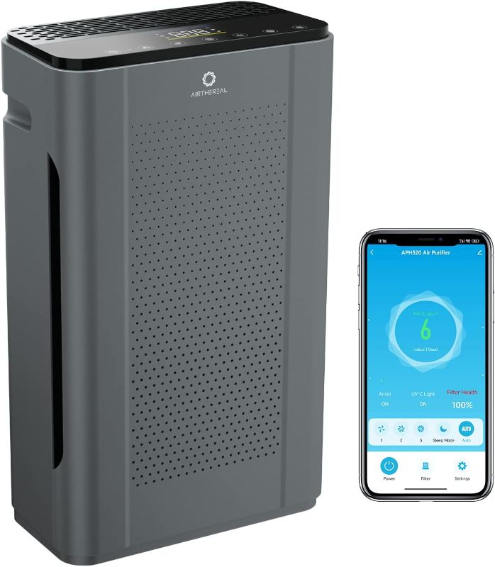 Photo 1 of Airthereal APH320 WiFi Air Purifier for Home, Large Room - H13 True HEPA Filter, UV-C, Anion Function and Smart Auto Mode - Removes Allergies, Dust, Smoke, and Pollen, 188CFM - Pure Morning
