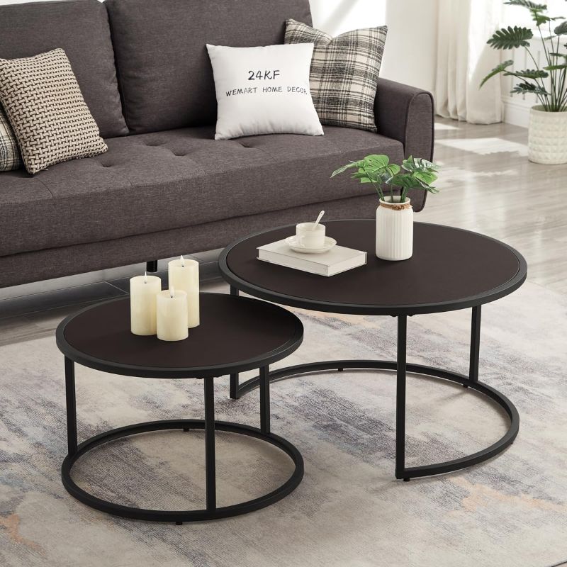 Photo 1 of 24KF Modern Faux Leather Nesting Round Coffee Table with Black Metal Base,Accent Tea Table for Living Room Set of 2 -Dark Brown Black Metal Frame Dark Brown/Black