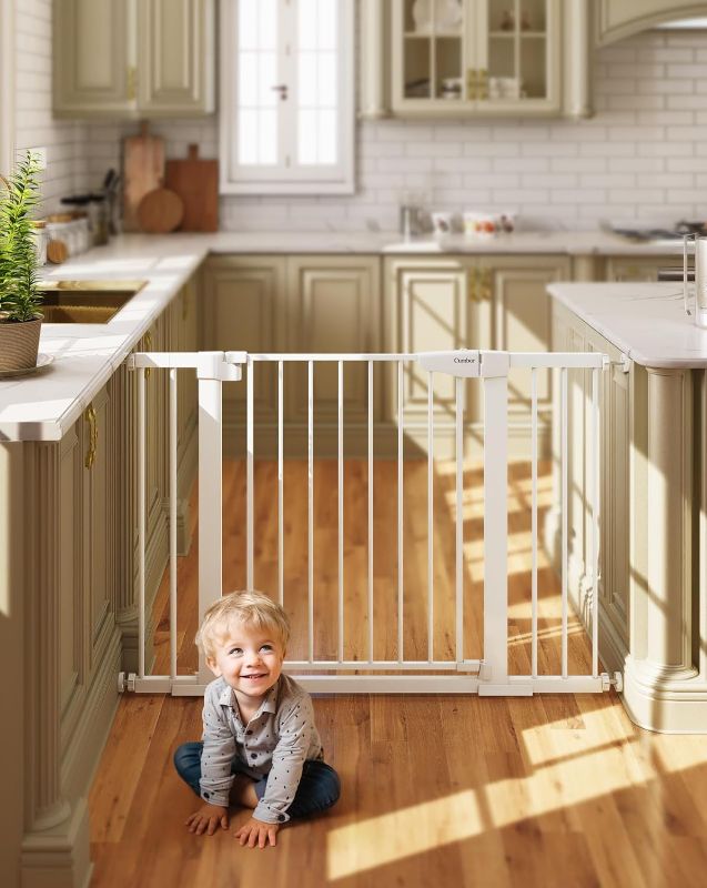 Photo 1 of Cumbor 29.7-46" Baby Gate for Stairs, Mom's Choice Awards Winner-Auto Close Dog Gate for the House, Easy Install Pressure Mounted Pet Gates for Doorways, Easy Walk Thru Wide Safety Gate for Dog, White
