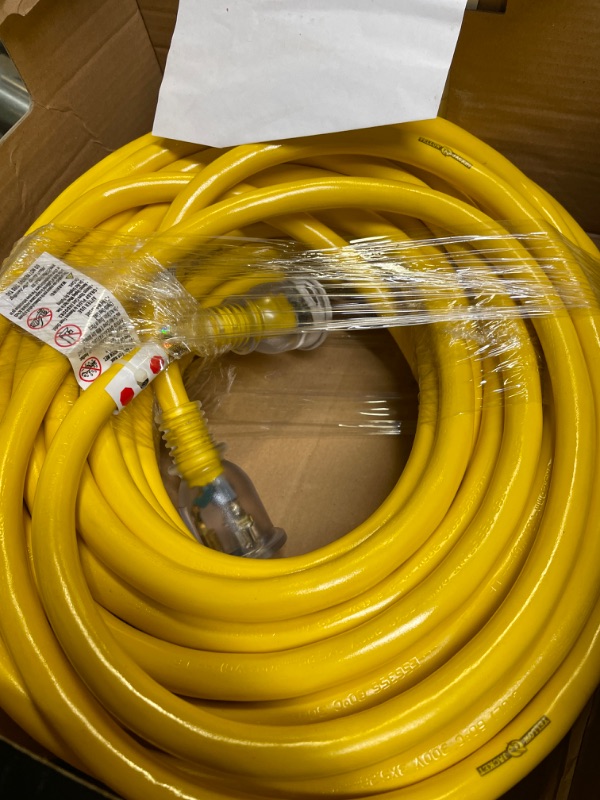 Photo 2 of Yellow Jacket 2992 10/3 Extra Heavy-Duty 20-Amp Premium SJTW Contractor Extension Cord with Lighted T-Blade Plug, 100-Foot All Copper Wire Extension Cord, 20 Amps, 125 Volts, 2500 Watts, Yellow 100 ft