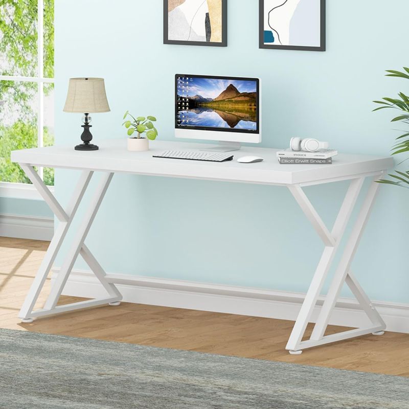 Photo 1 of LVB Modern White Computer Desk, Long Industrial Home Office Desk for Student, Large Metal Wood Writing Study Work Desk, Farmhouse Executive Gaming Computer Table for Bedroom Living Room, White, 60 in
