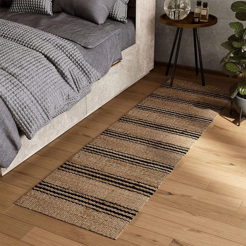 Photo 2 of 2 x 7 Jute Runner Rug for Indoors, Rattan Rugs for Hallway, Bathroom, Entryway or Accent Piece - Farmhouse Woven Braided Rug, Natural/Black
